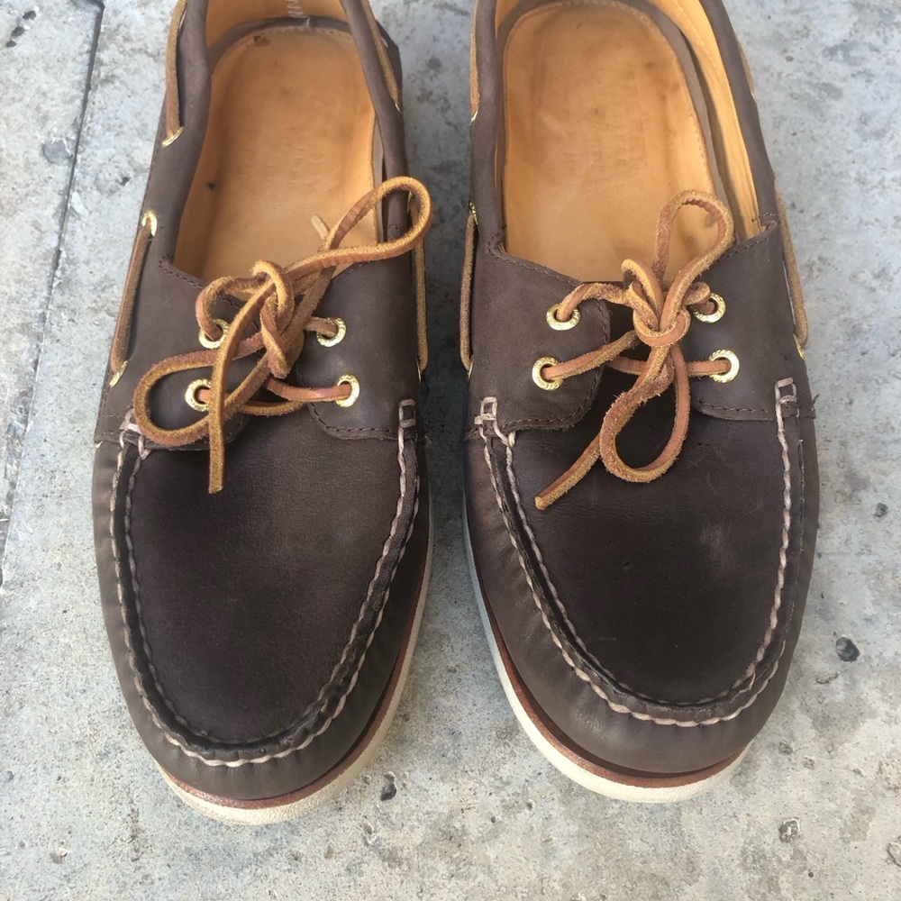 Sperry Dark Brown Leather Boat Shoes with Tan Laces